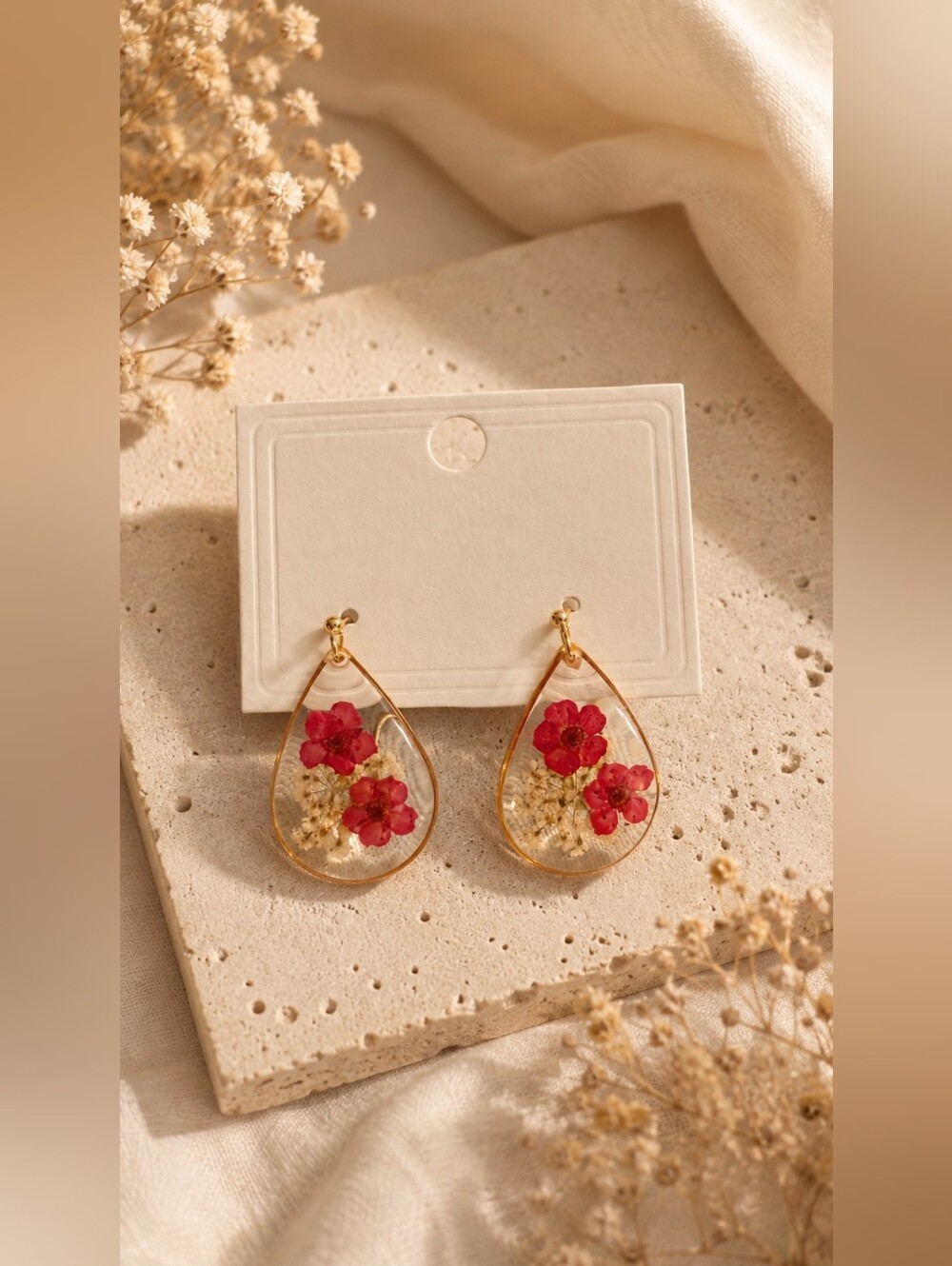 Vintage-Inspired Red Floral & Baby's Breath Teardrop Drop Earrings